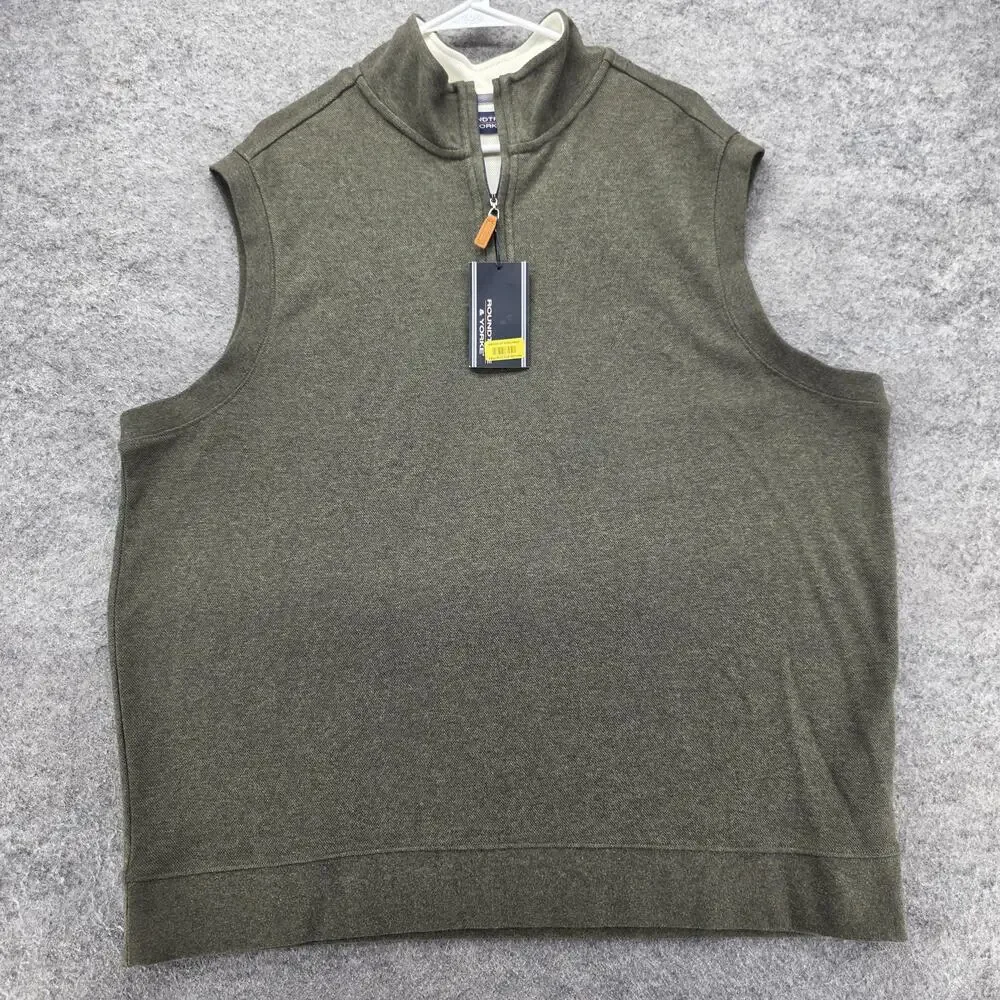 Roundtree & Yorke Vest Mens 2XL Green Mock Neck 1/4 Zip Sleeveless Knit Cotton